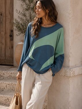 Aeie Abstract Sweatshirt Blue Green Small Art To Wear Boho Lagenlook Boxy Crew